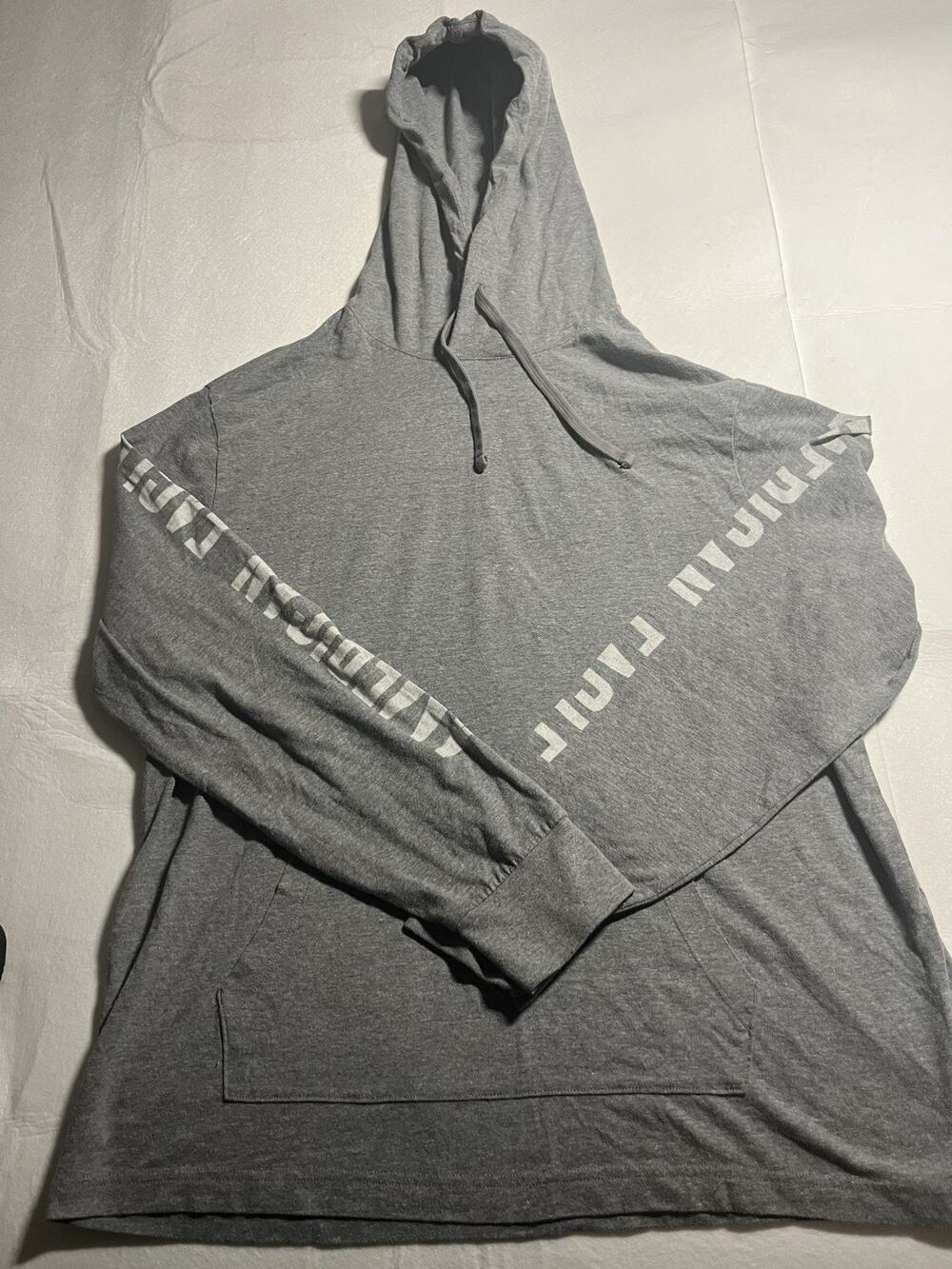 American Eagle Super Soft Hoodie Mens Large Gray Spellout Sleeve Lightweight